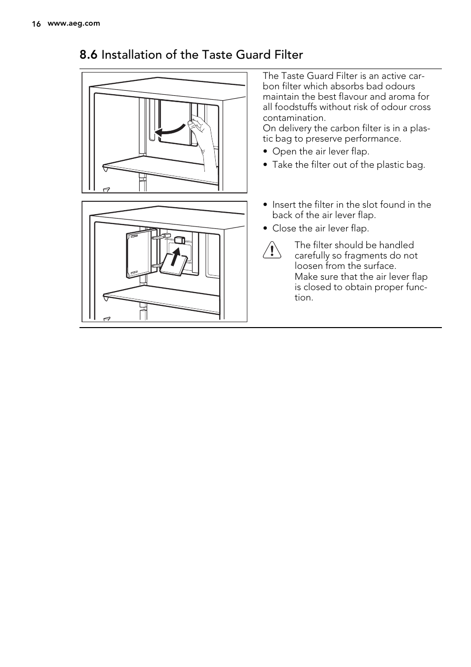 6 installation of the taste guard filter | AEG A72010GNW0 User Manual | Page 16 / 24