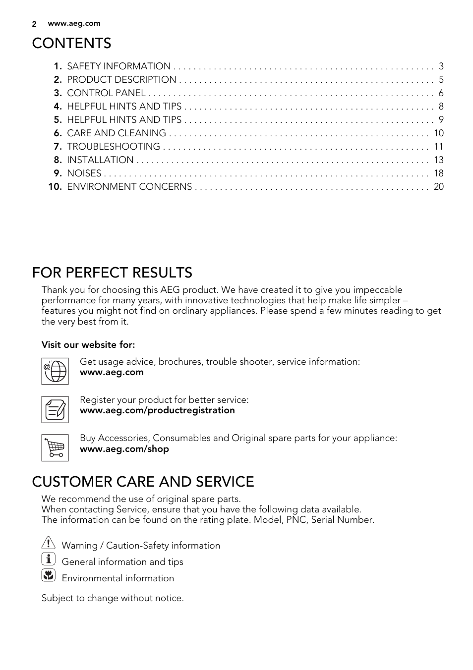 AEG A72010GNW0 User Manual | Page 2 / 24