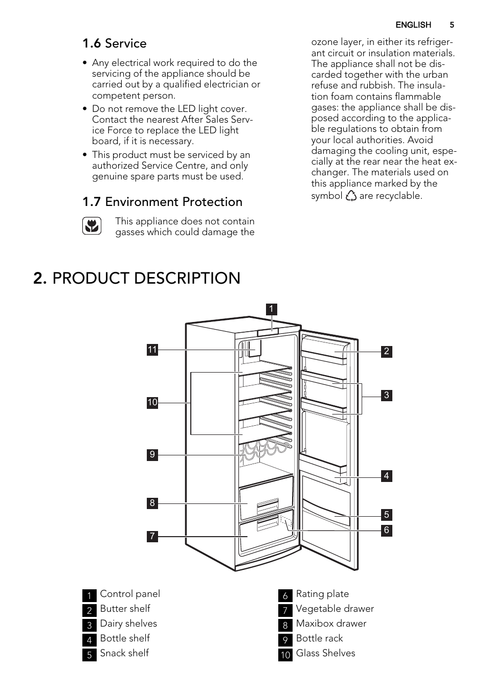 Product description, 6 service, 7 environment protection | AEG A72010GNW0 User Manual | Page 5 / 24