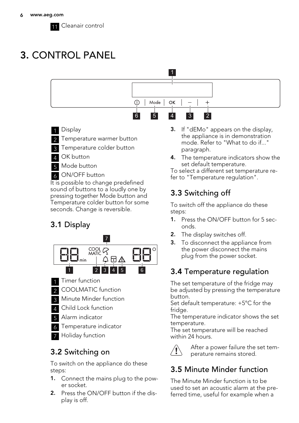 Control panel, 1 display, 2 switching on | 3 switching off, 4 temperature regulation, 5 minute minder function | AEG A72010GNW0 User Manual | Page 6 / 24