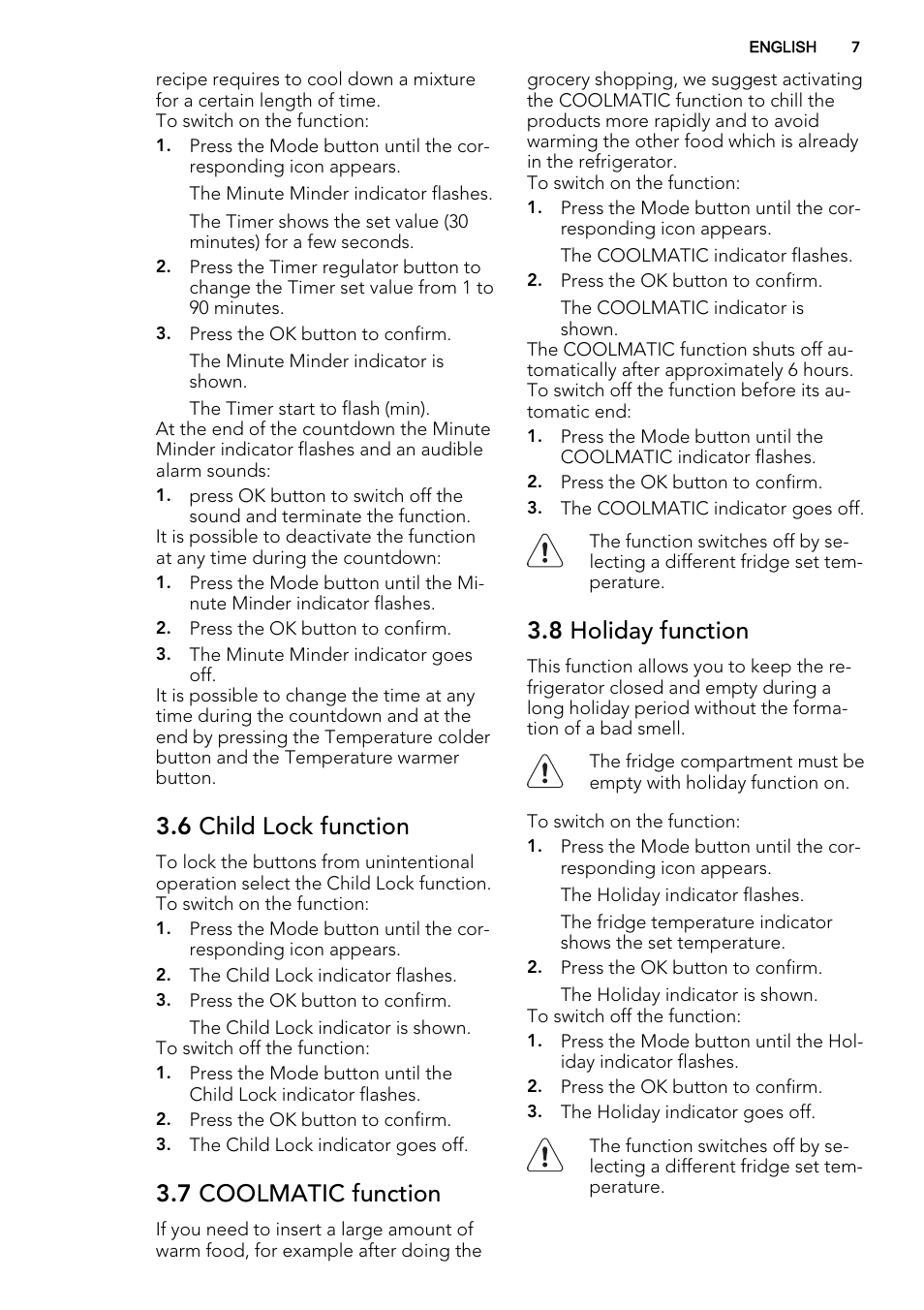 6 child lock function, 7 coolmatic function, 8 holiday function | AEG A72010GNW0 User Manual | Page 7 / 24