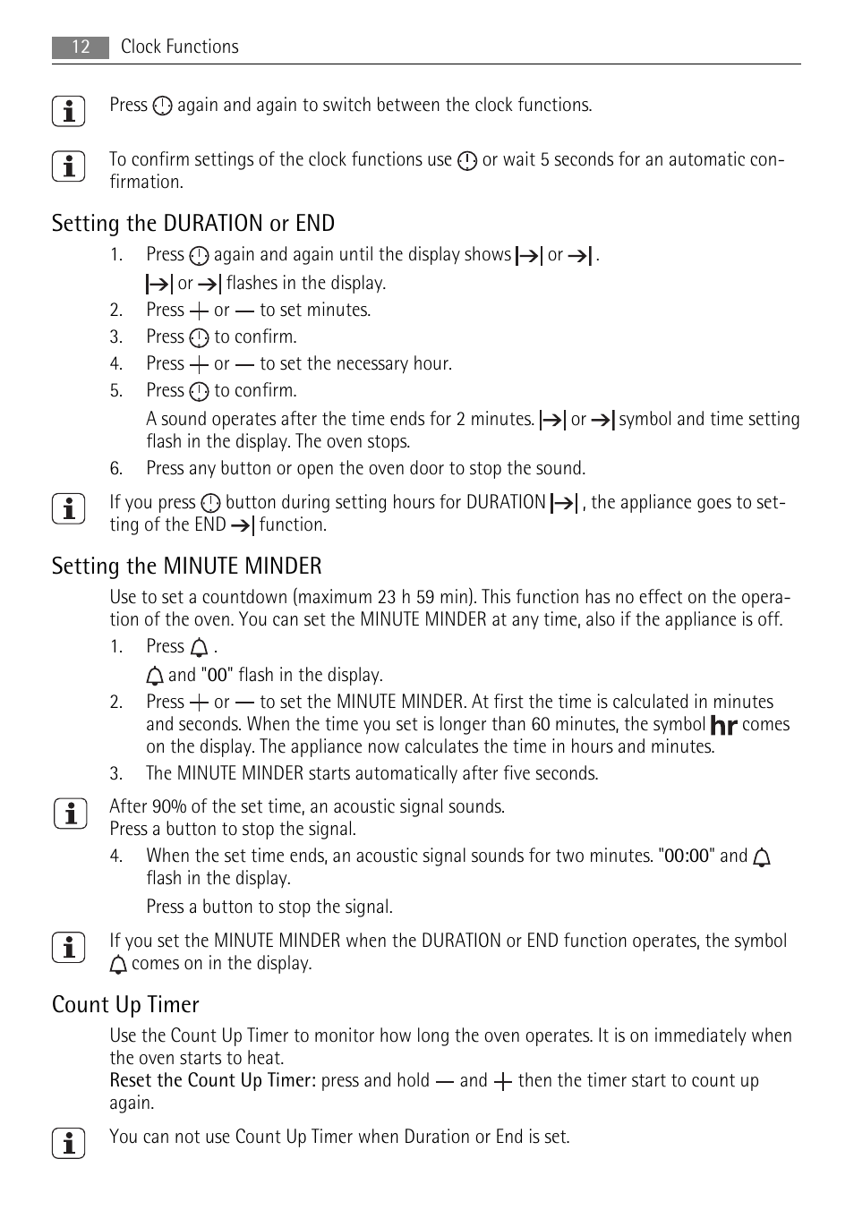 Setting the duration or end, Setting the minute minder, Count up timer | AEG BS9314001M User Manual | Page 12 / 40