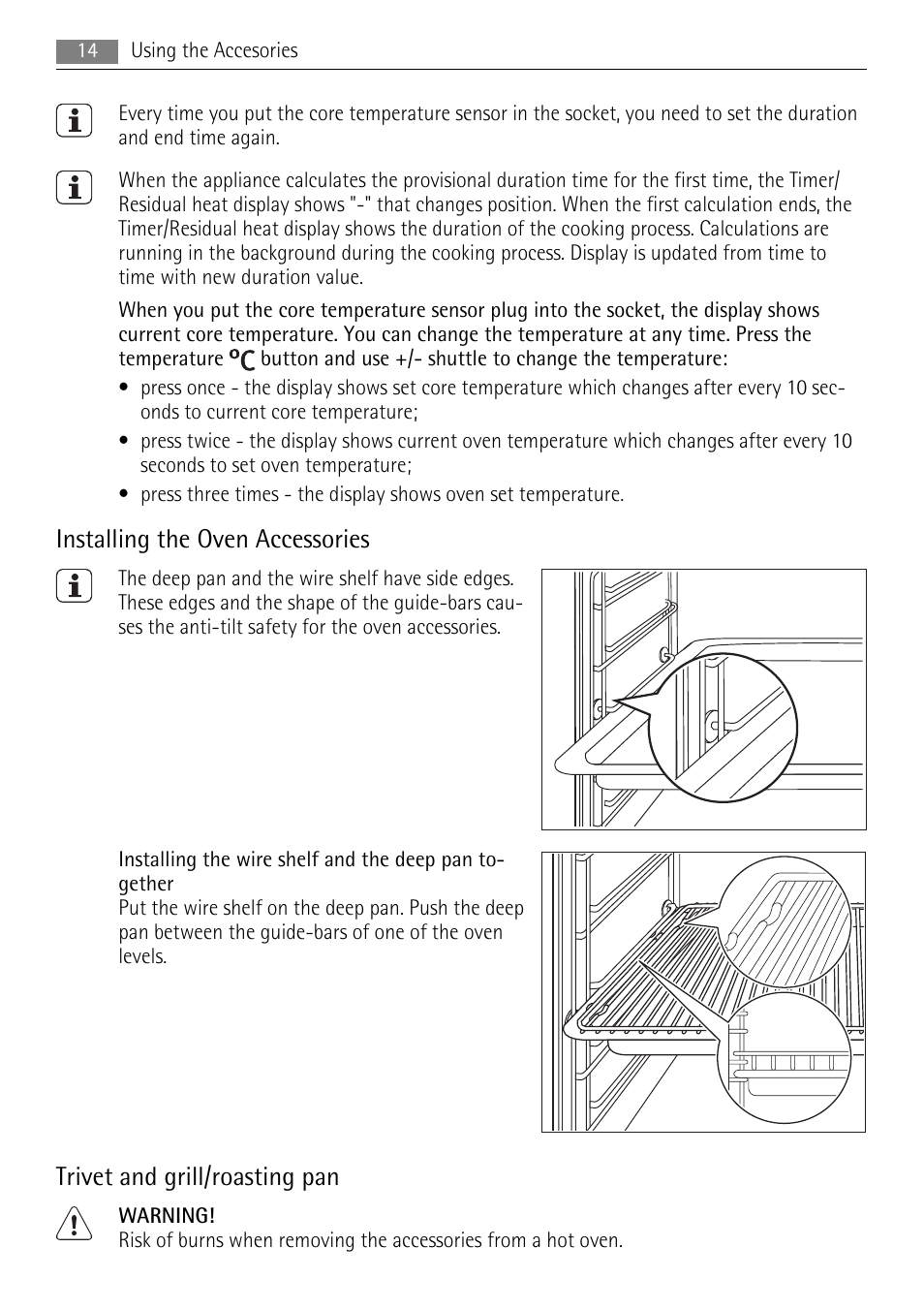 Installing the oven accessories, Trivet and grill/roasting pan | AEG BS9314001M User Manual | Page 14 / 40