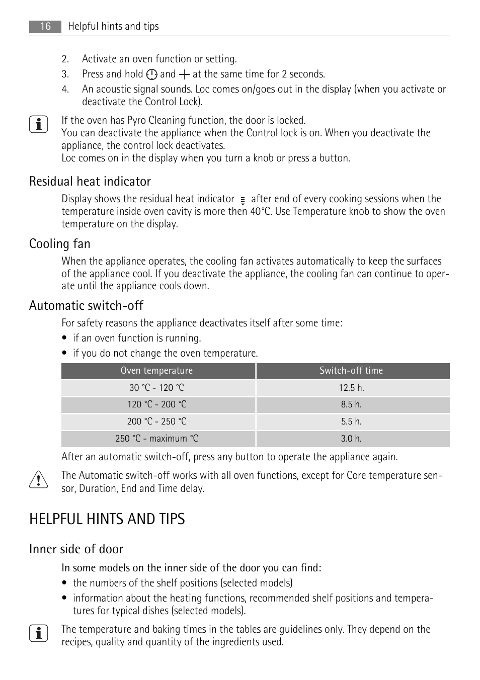 Helpful hints and tips, Residual heat indicator, Cooling fan | Automatic switch-off, Inner side of door | AEG BS9314001M User Manual | Page 16 / 40