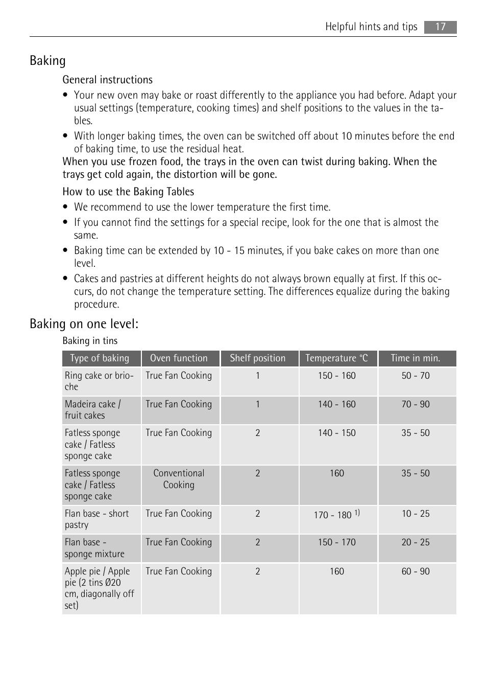 Baking, Baking on one level | AEG BS9314001M User Manual | Page 17 / 40