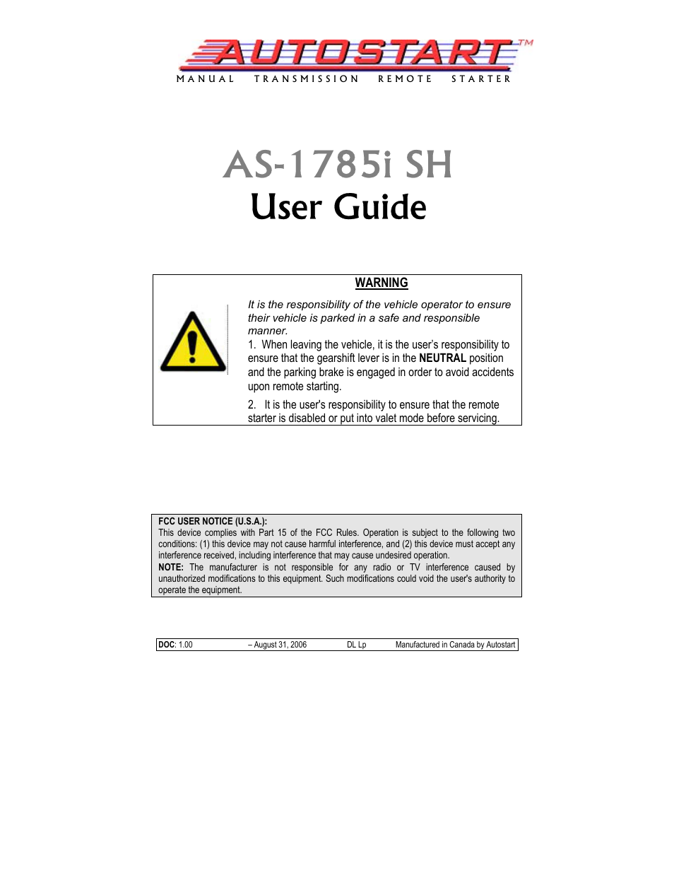 Autostart AS-1785i SH User Manual | 10 pages