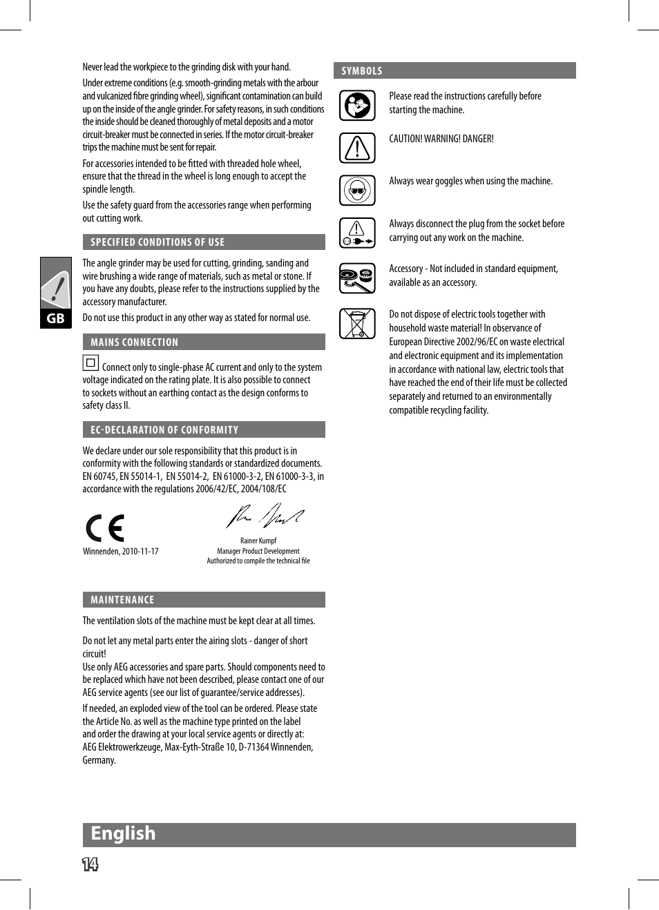 English | AEG WS 9-125 User Manual | Page 15 / 119