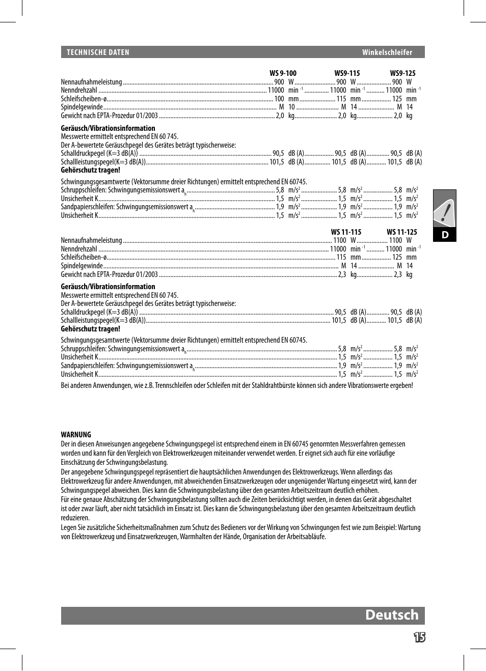 Deutsch | AEG WS 9-125 User Manual | Page 16 / 119