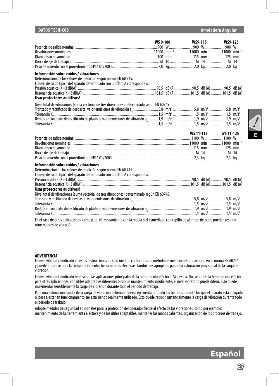 Español | AEG WS 9-125 User Manual | Page 28 / 119