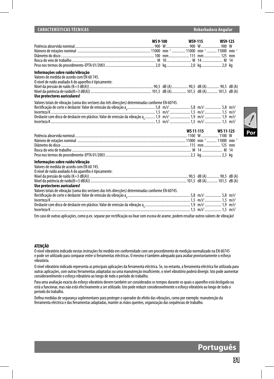 Português | AEG WS 9-125 User Manual | Page 32 / 119