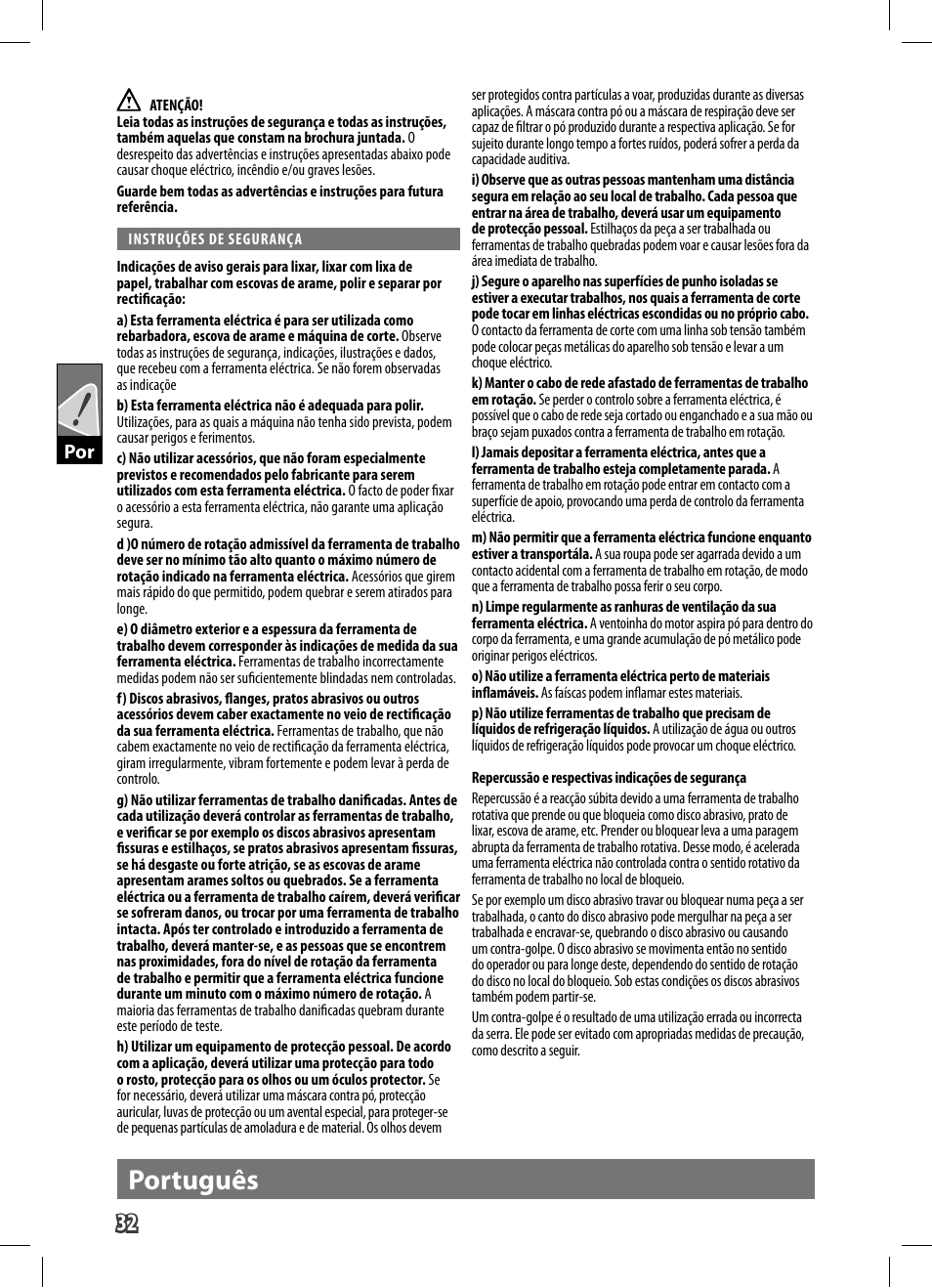 Português | AEG WS 9-125 User Manual | Page 33 / 119