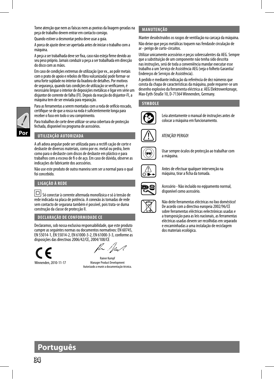 Português | AEG WS 9-125 User Manual | Page 35 / 119
