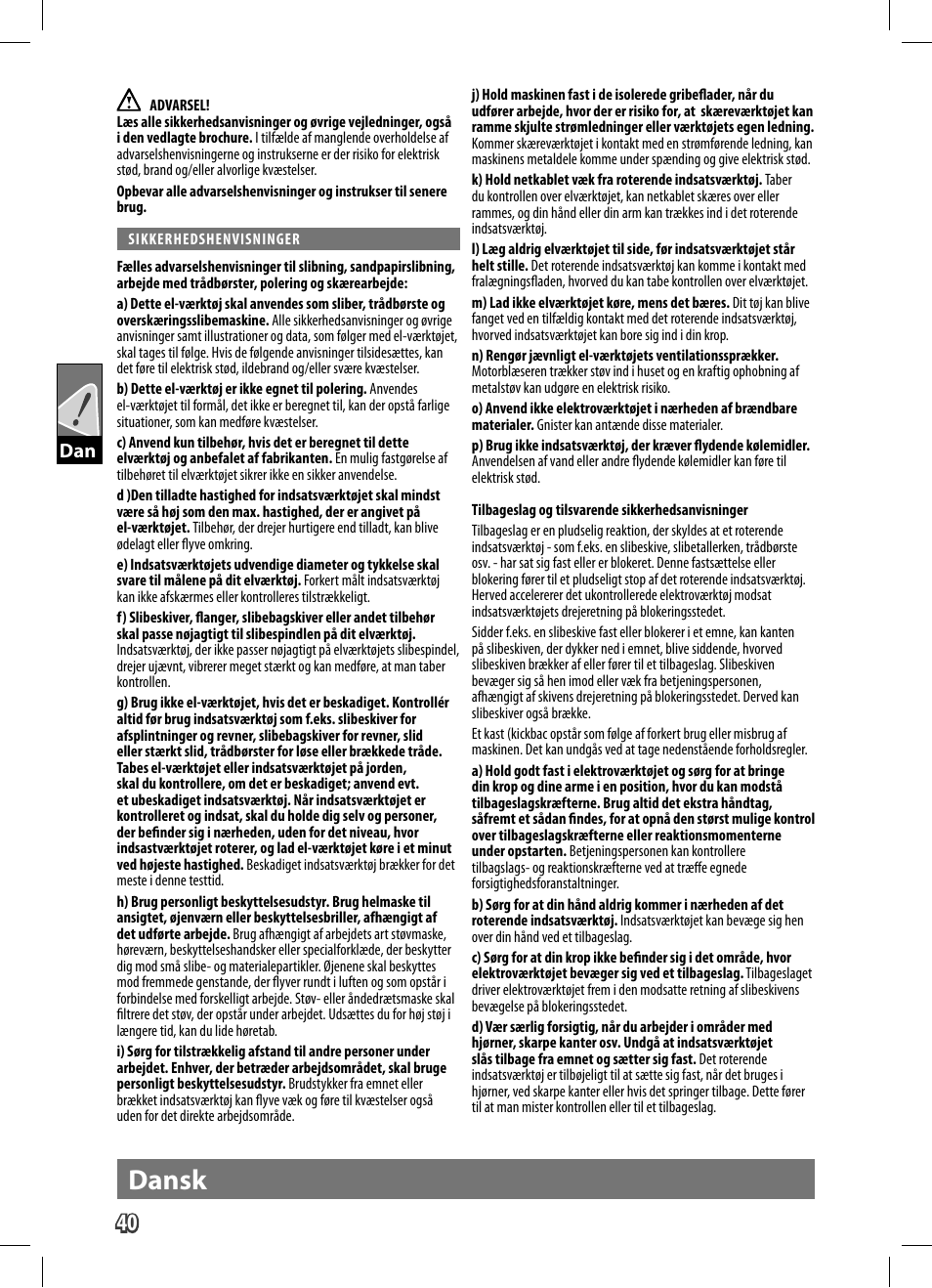 Dansk | AEG WS 9-125 User Manual | Page 41 / 119
