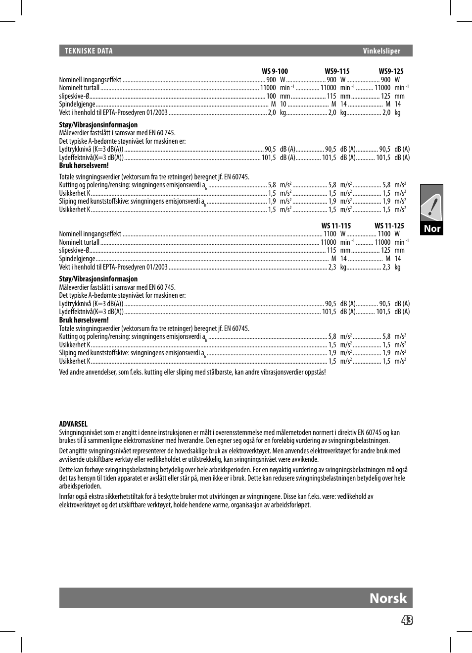 Norsk | AEG WS 9-125 User Manual | Page 44 / 119