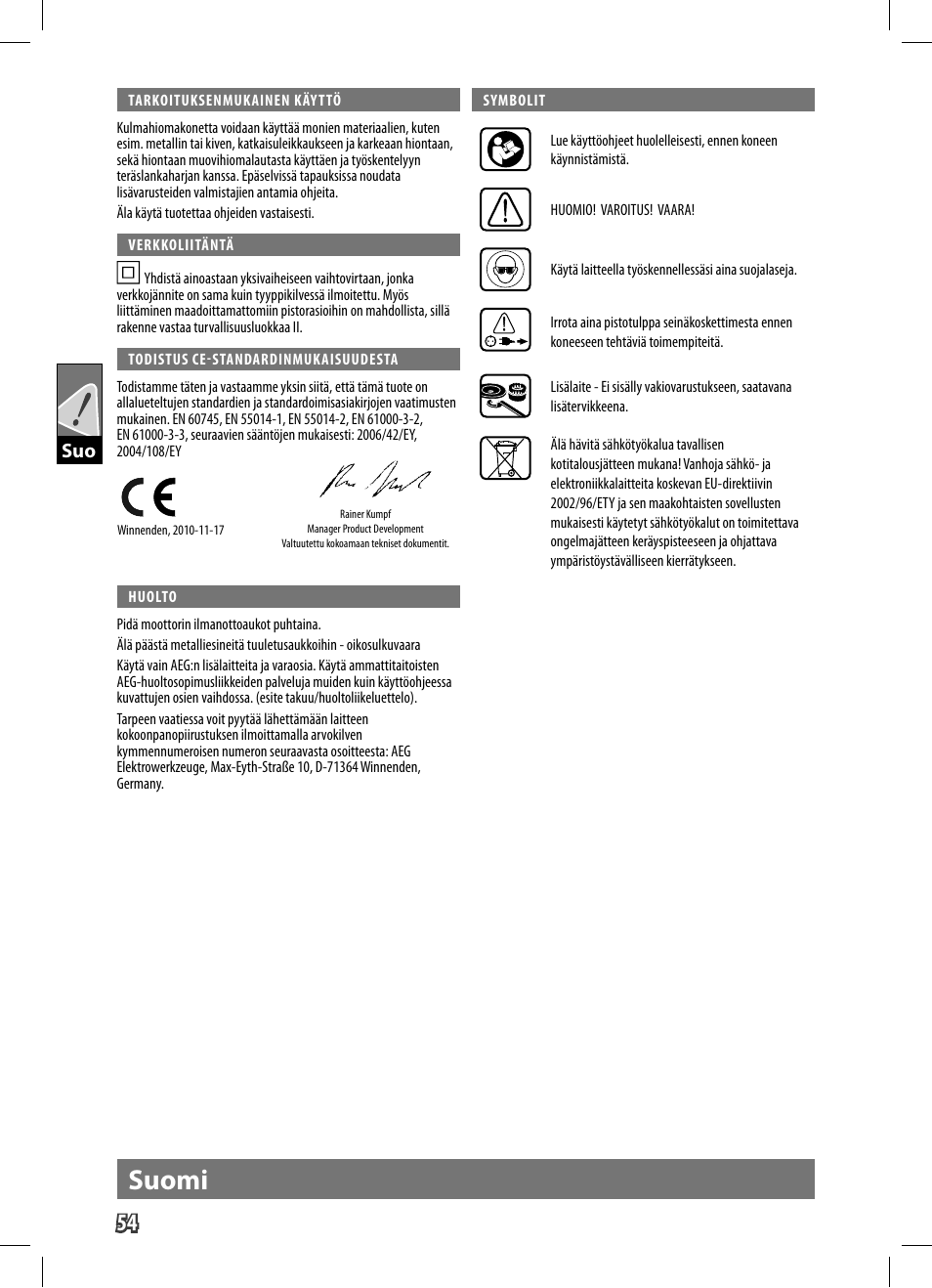 Suomi | AEG WS 9-125 User Manual | Page 55 / 119