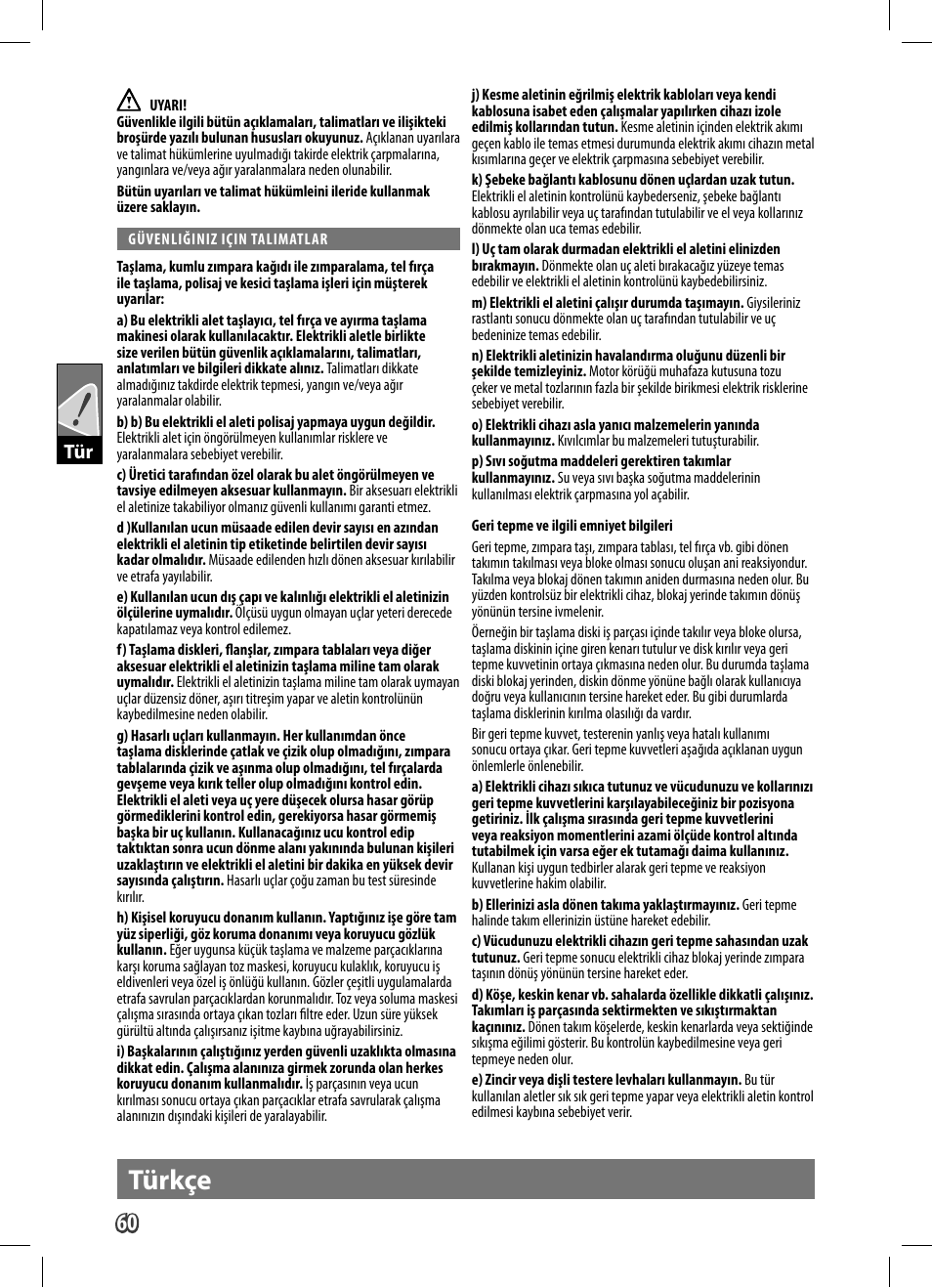 Türkçe | AEG WS 9-125 User Manual | Page 61 / 119