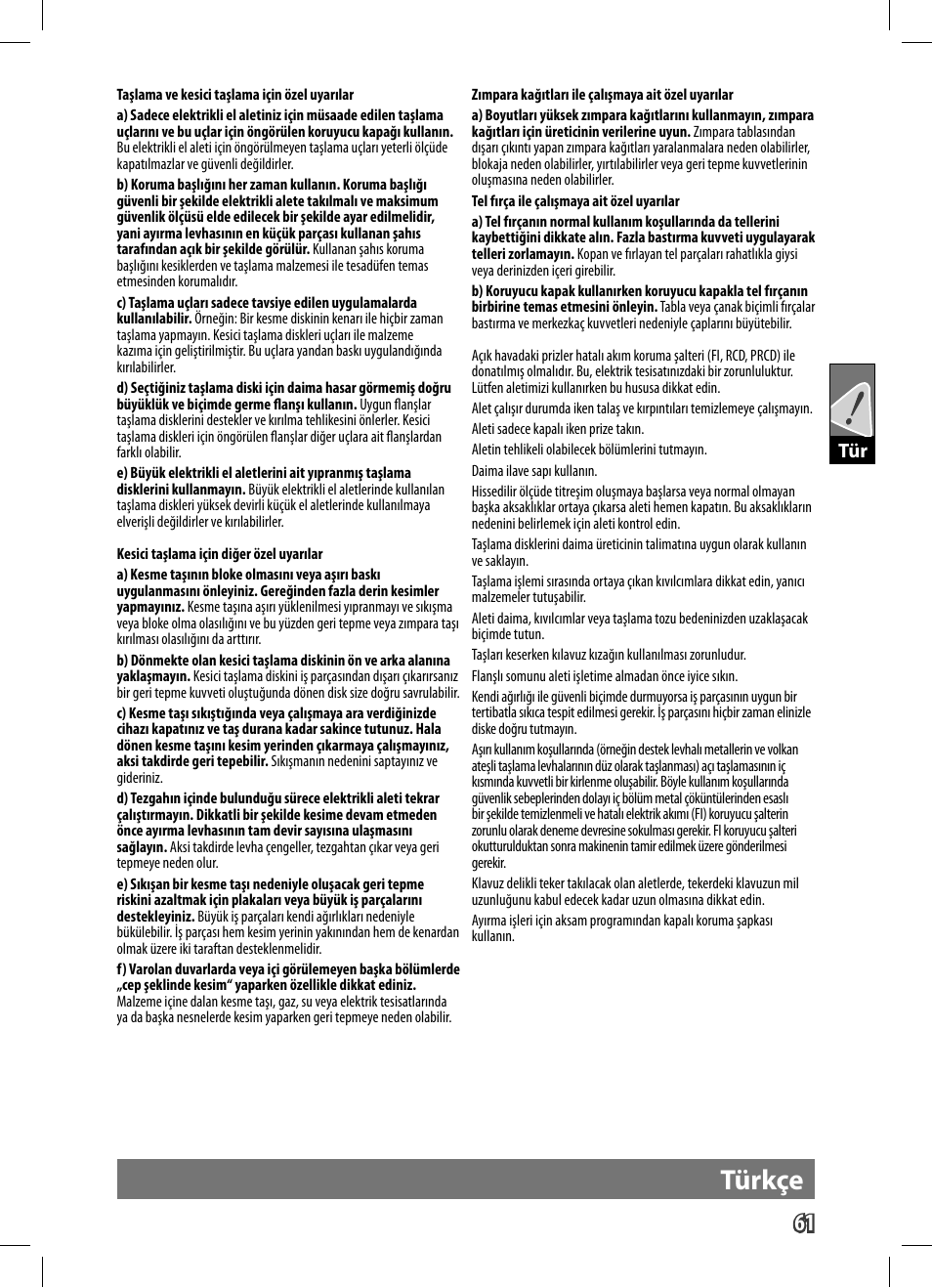 Türkçe | AEG WS 9-125 User Manual | Page 62 / 119