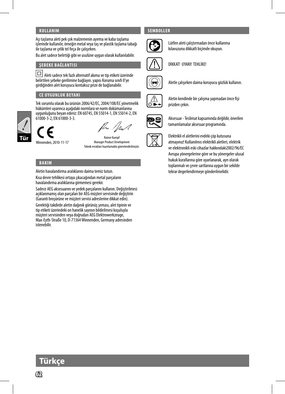 Türkçe | AEG WS 9-125 User Manual | Page 63 / 119