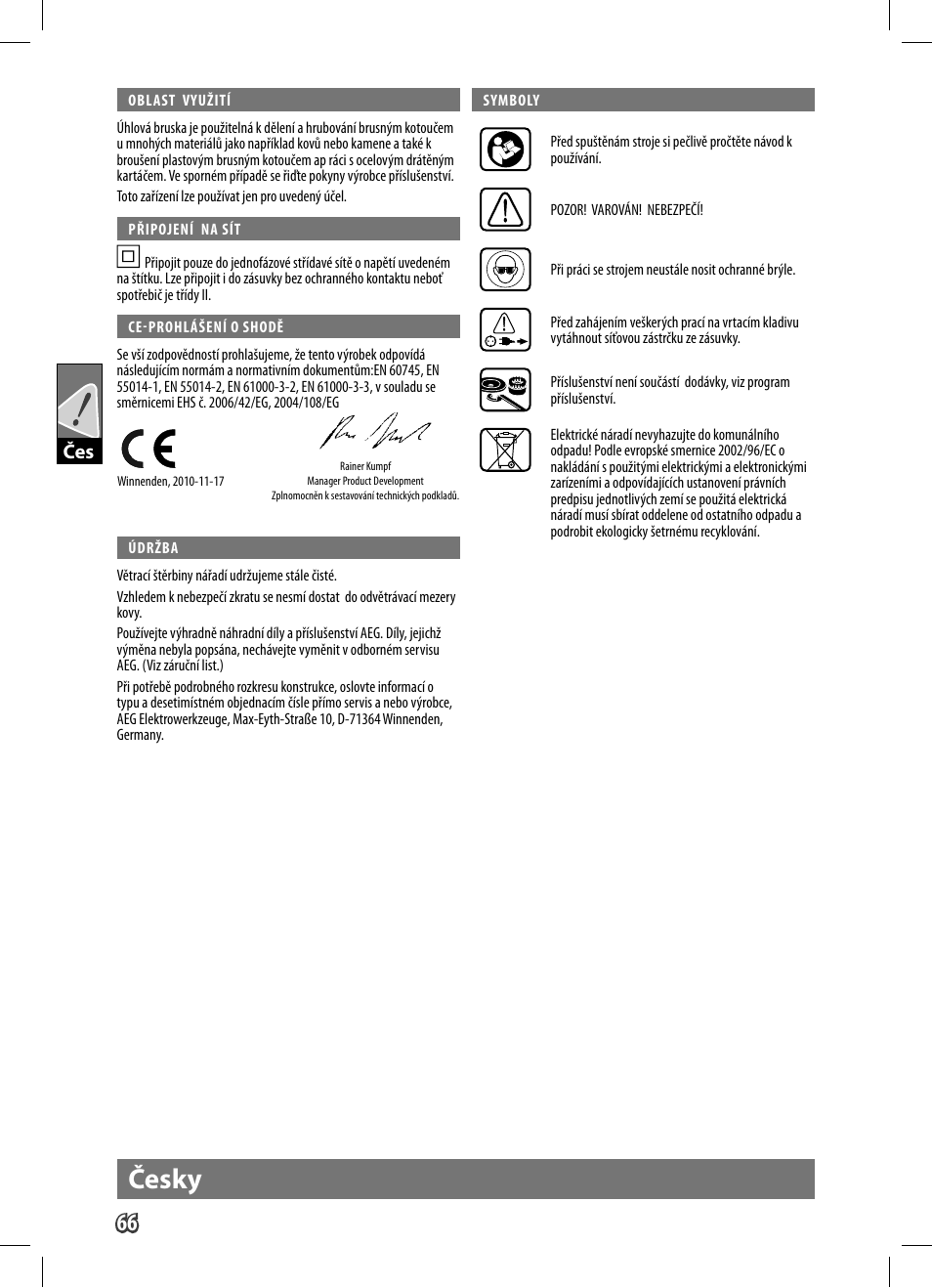 Česky | AEG WS 9-125 User Manual | Page 67 / 119