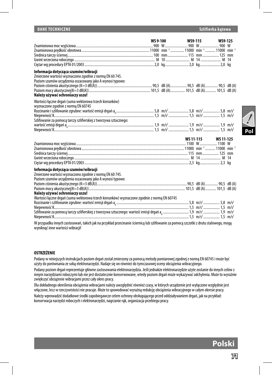 Polski | AEG WS 9-125 User Manual | Page 72 / 119