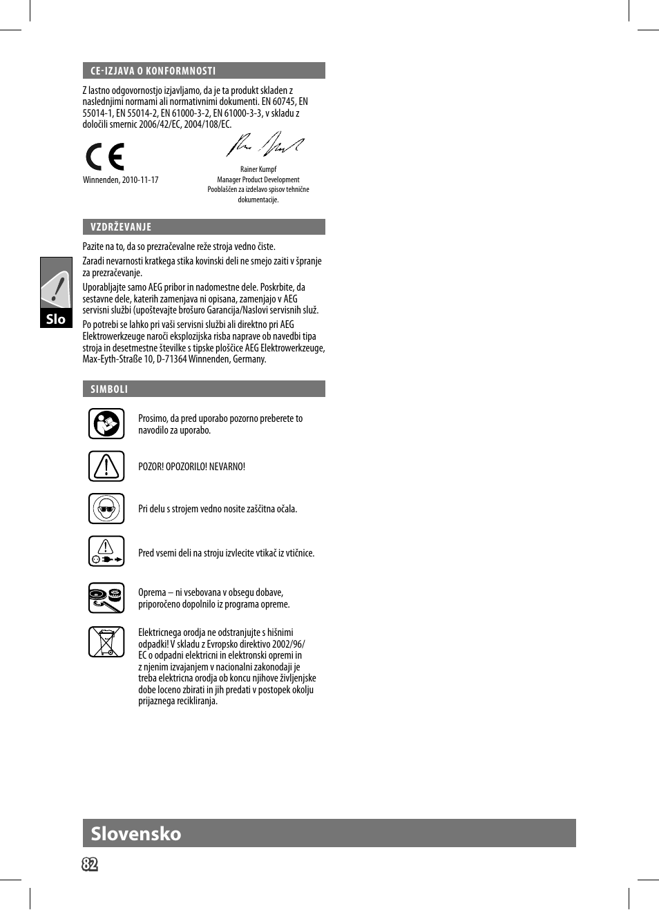 Slovensko | AEG WS 9-125 User Manual | Page 83 / 119
