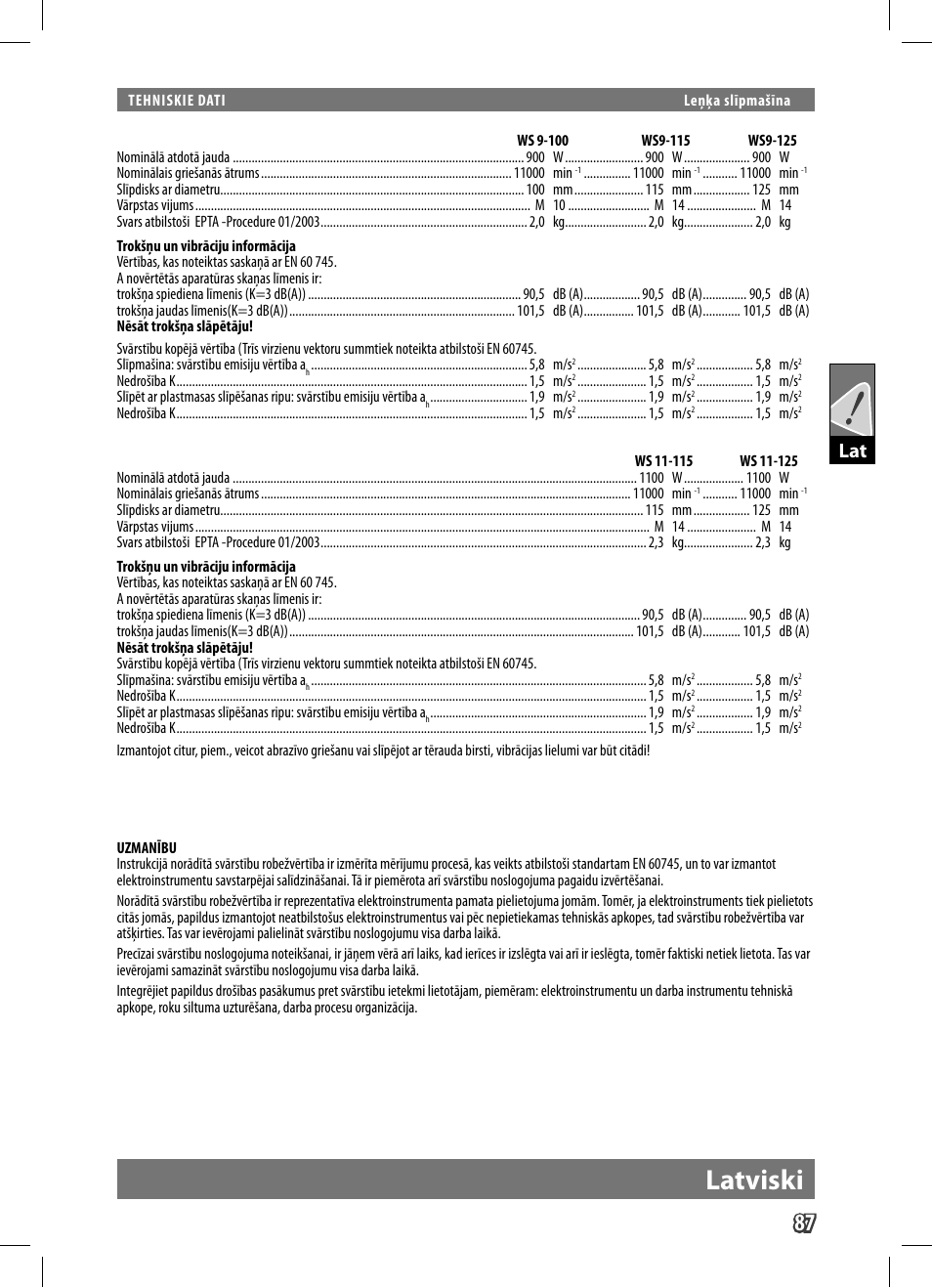 Latviski | AEG WS 9-125 User Manual | Page 88 / 119