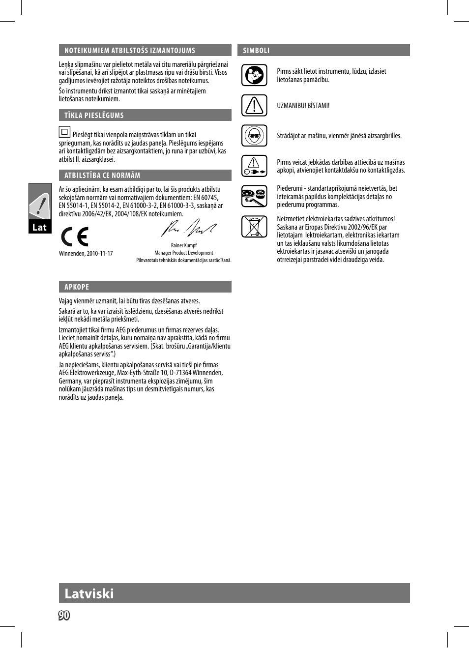 Latviski | AEG WS 9-125 User Manual | Page 91 / 119
