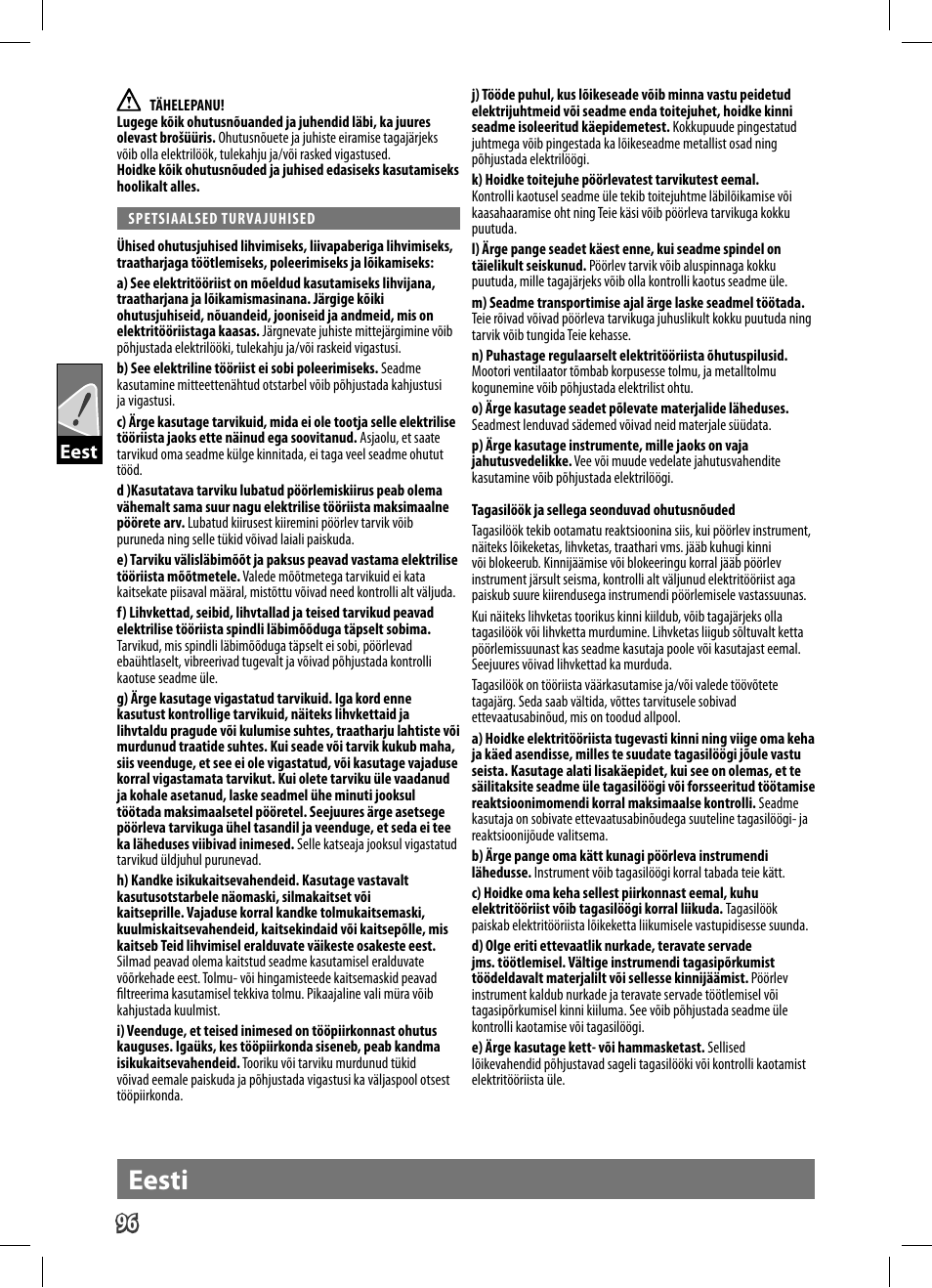 Eesti, Eest | AEG WS 9-125 User Manual | Page 97 / 119