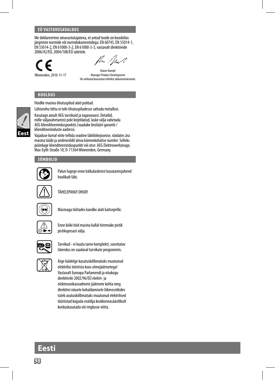 Eesti, Eest | AEG WS 9-125 User Manual | Page 99 / 119
