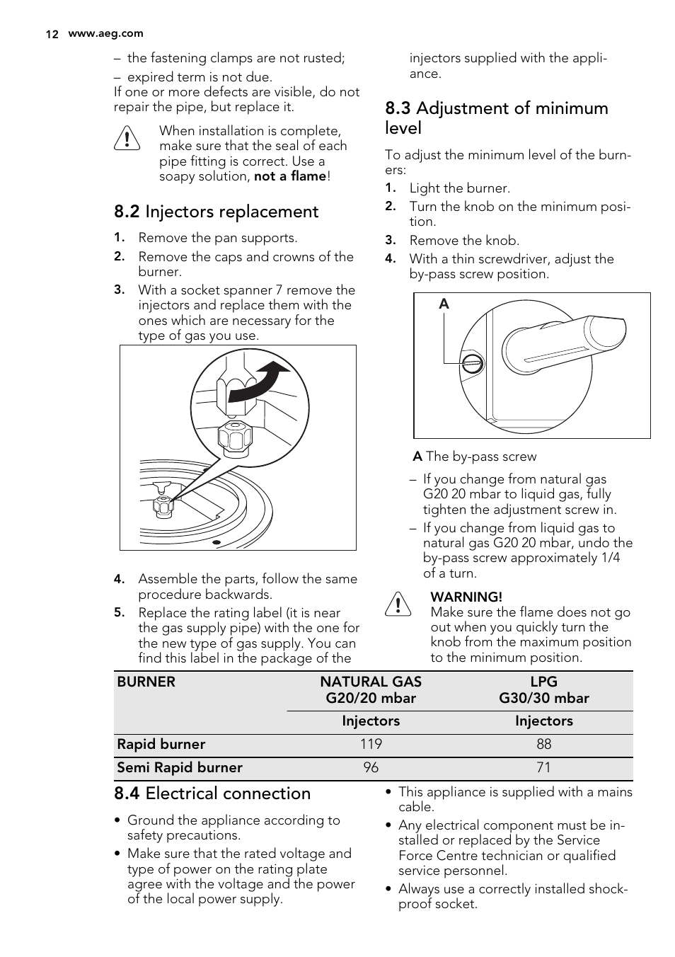 2 injectors replacement, 3 adjustment of minimum level, 4 electrical connection | AEG HC452600EB User Manual | Page 12 / 20