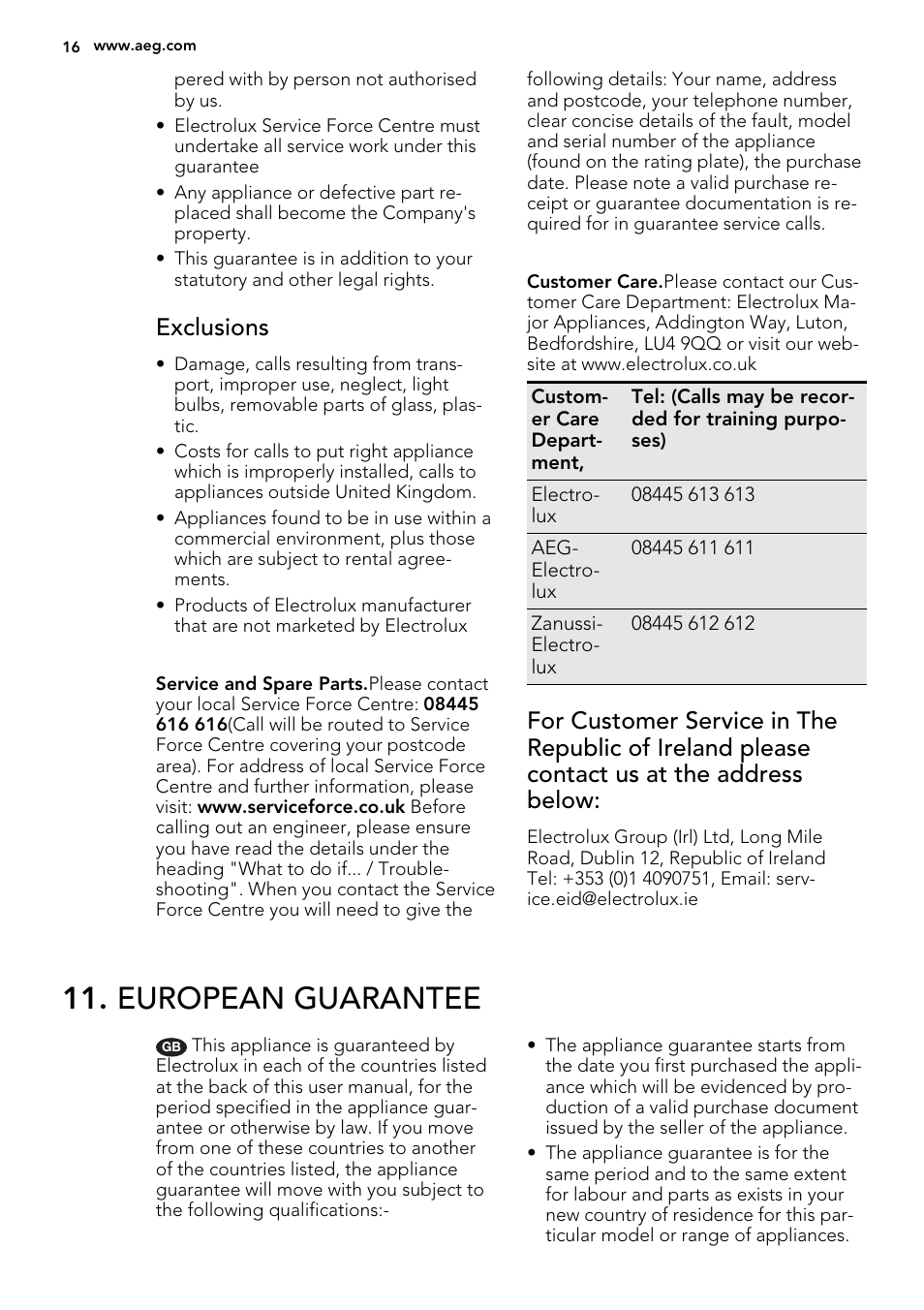 European guarantee, Exclusions | AEG HC452600EB User Manual | Page 16 / 20