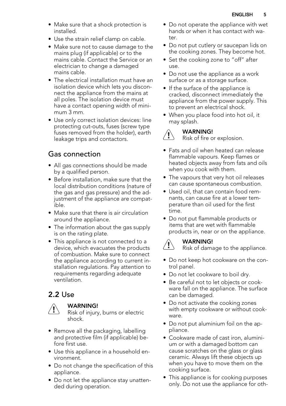Gas connection, 2 use | AEG HC452600EB User Manual | Page 5 / 20