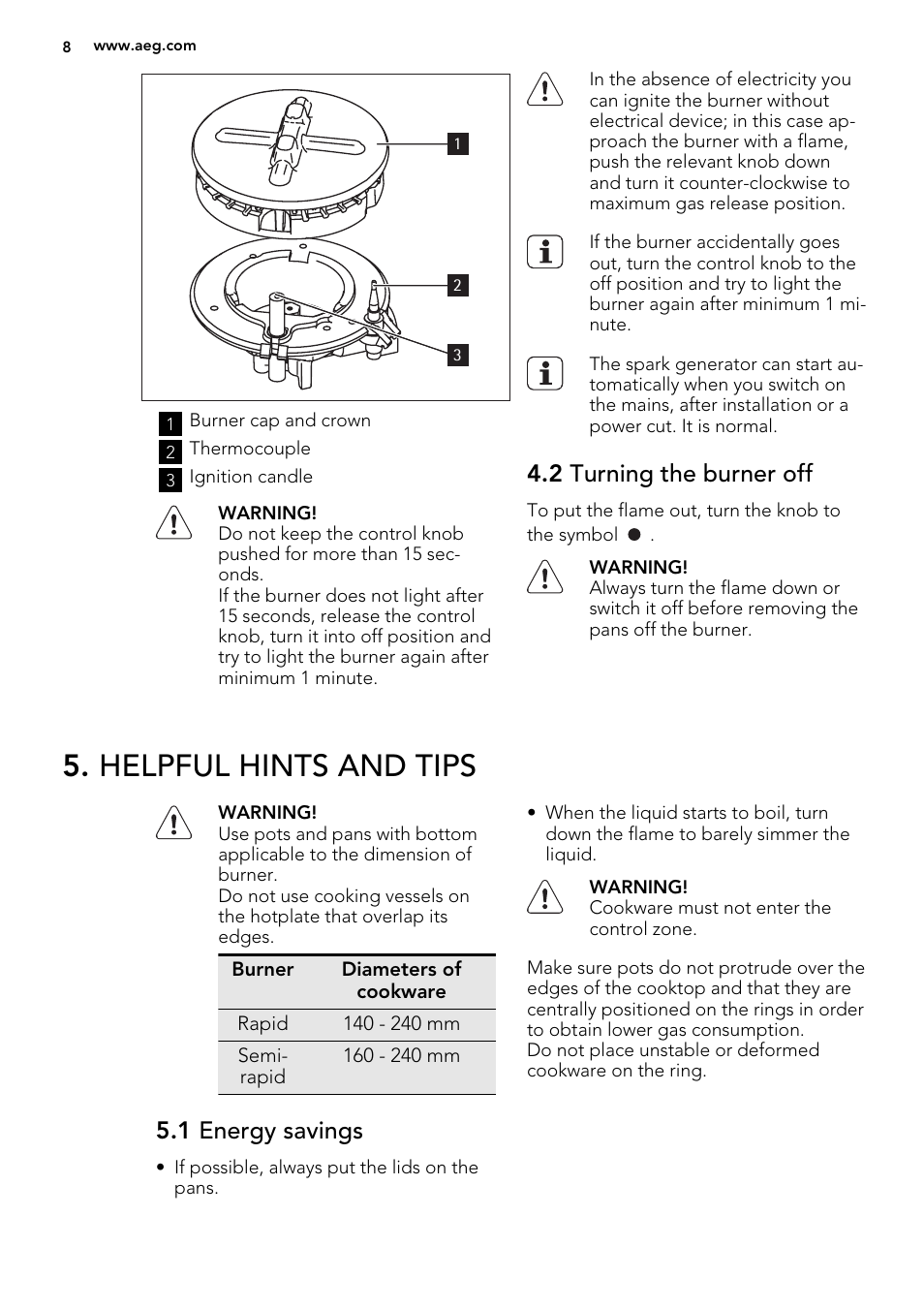 Helpful hints and tips, 2 turning the burner off, 1 energy savings | AEG HC452600EB User Manual | Page 8 / 20