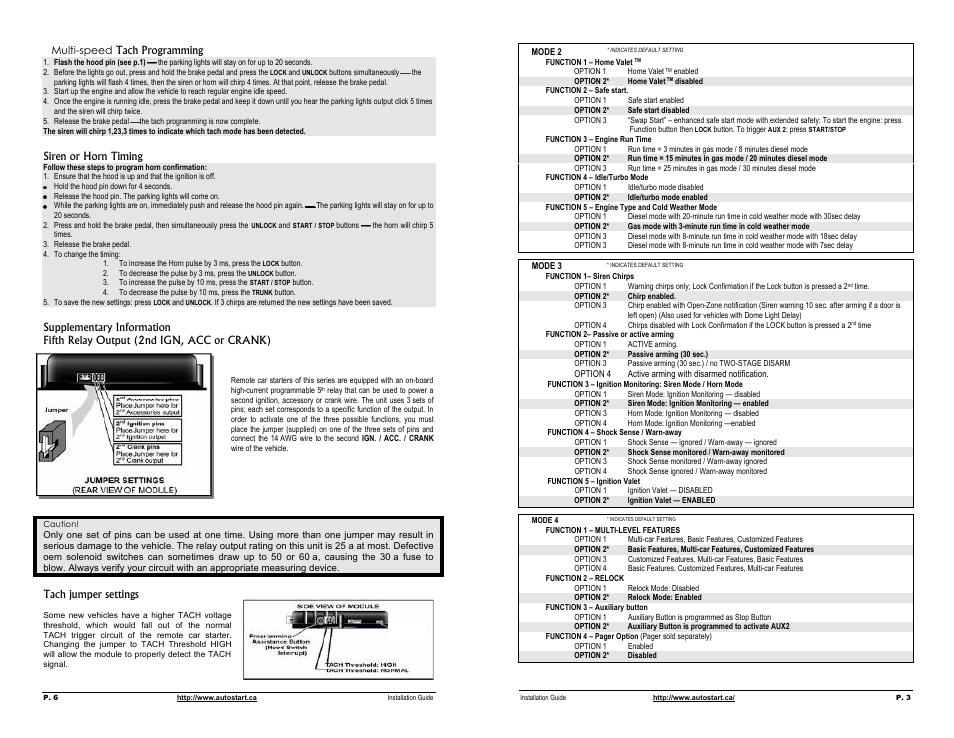 Multi-speed tach programming, Siren or horn timing, Supplementary information | Fifth relay output (2nd ign, acc or crank), Tach jumper settings, Multi-speed | Autostart Two-way 6-Button LCD Automatic Transmission Remote Starter with Full Alarm System User Manual | Page 3 / 4