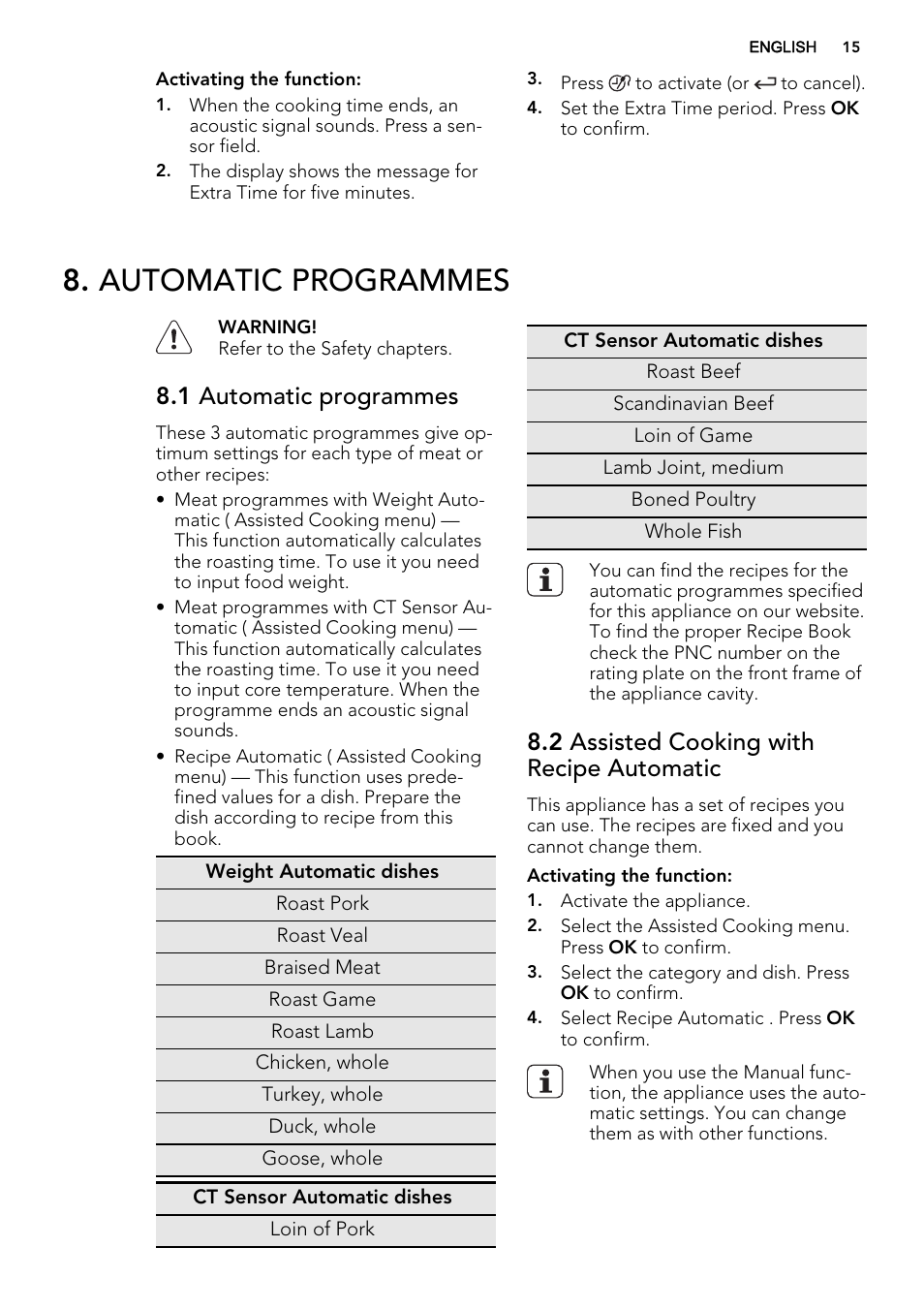 Automatic programmes, 1 automatic programmes, 2 assisted cooking with recipe automatic | AEG BS8314001M User Manual | Page 15 / 52