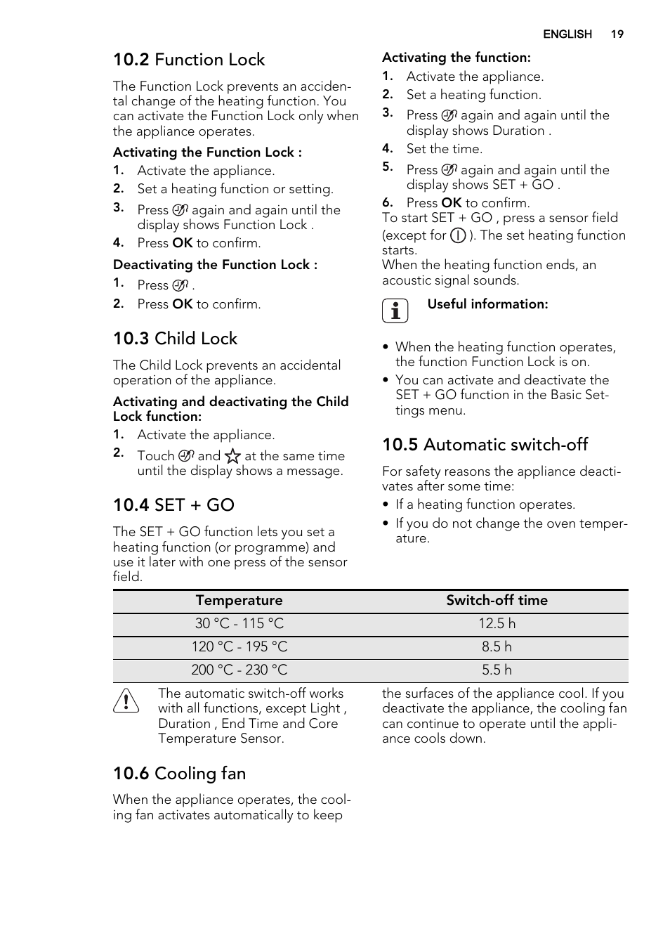 2 function lock, 3 child lock, 4 set + go | 5 automatic switch-off, 6 cooling fan | AEG BS8314001M User Manual | Page 19 / 52