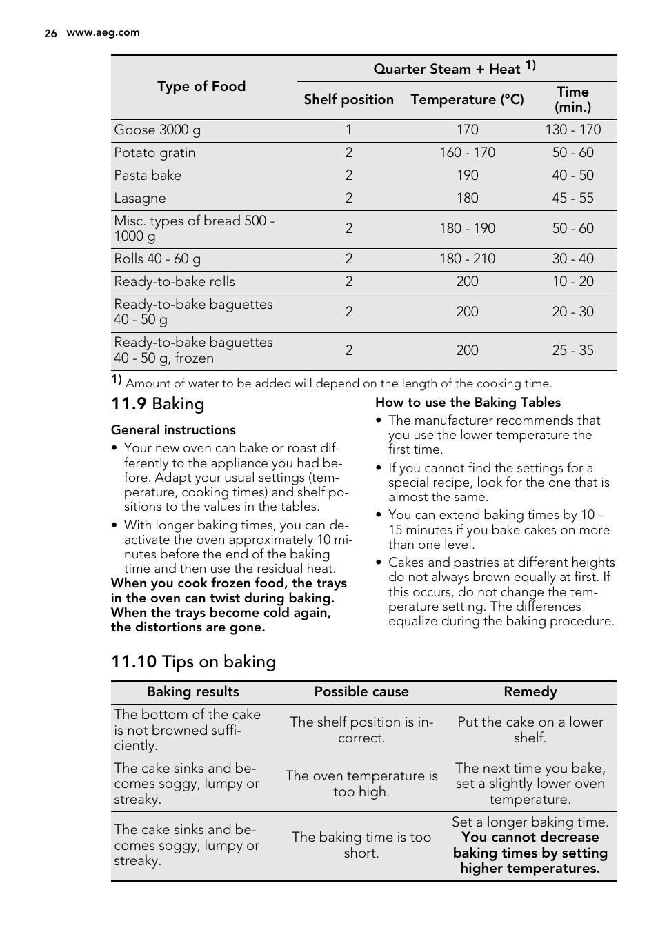 9 baking, 10 tips on baking | AEG BS8314001M User Manual | Page 26 / 52