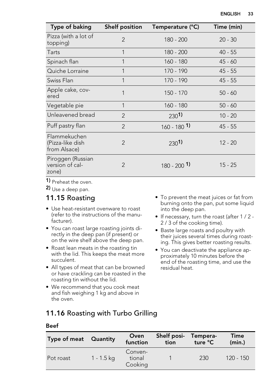 15 roasting, 16 roasting with turbo grilling | AEG BS8314001M User Manual | Page 33 / 52