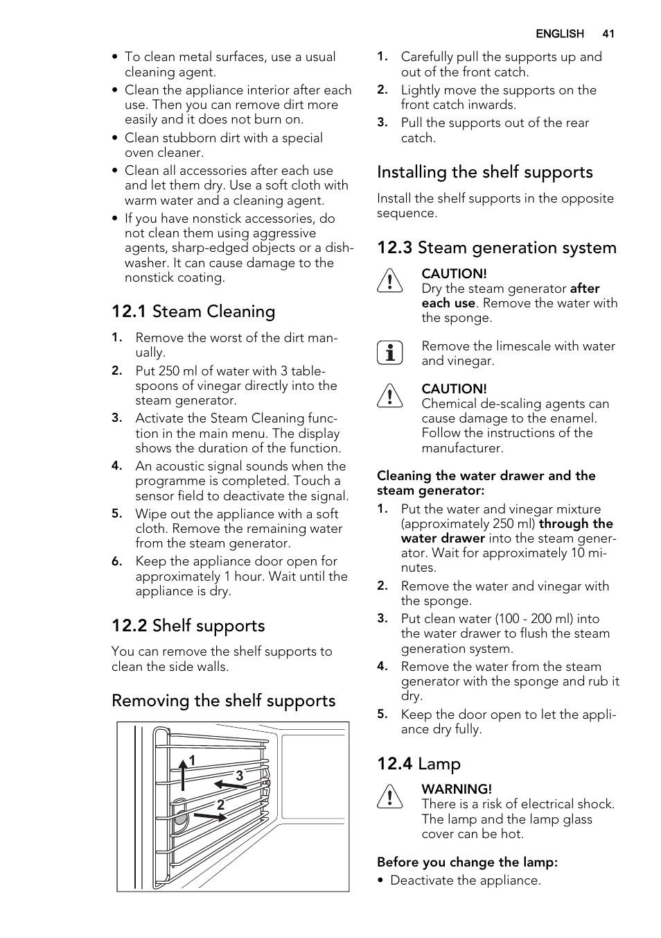 1 steam cleaning, 2 shelf supports, Removing the shelf supports | Installing the shelf supports, 3 steam generation system, 4 lamp | AEG BS8314001M User Manual | Page 41 / 52