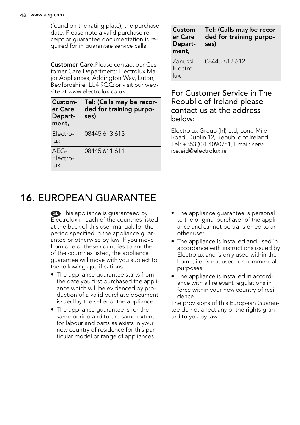 European guarantee | AEG BS8314001M User Manual | Page 48 / 52