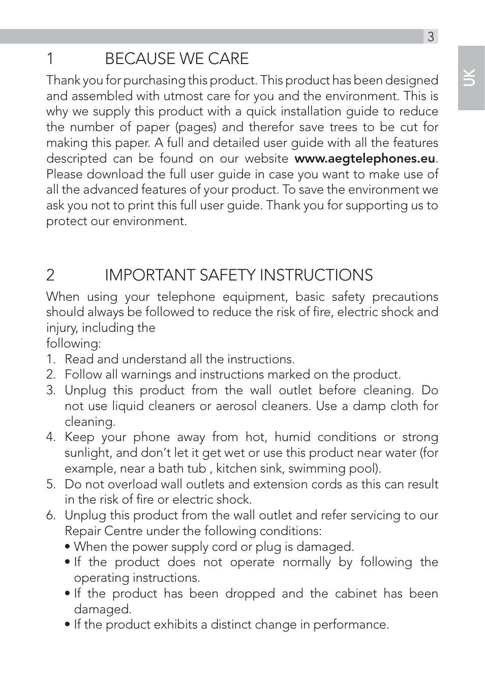 1because we care, 2important safety instructions | AEG Voxtel D220bt User Manual | Page 3 / 36