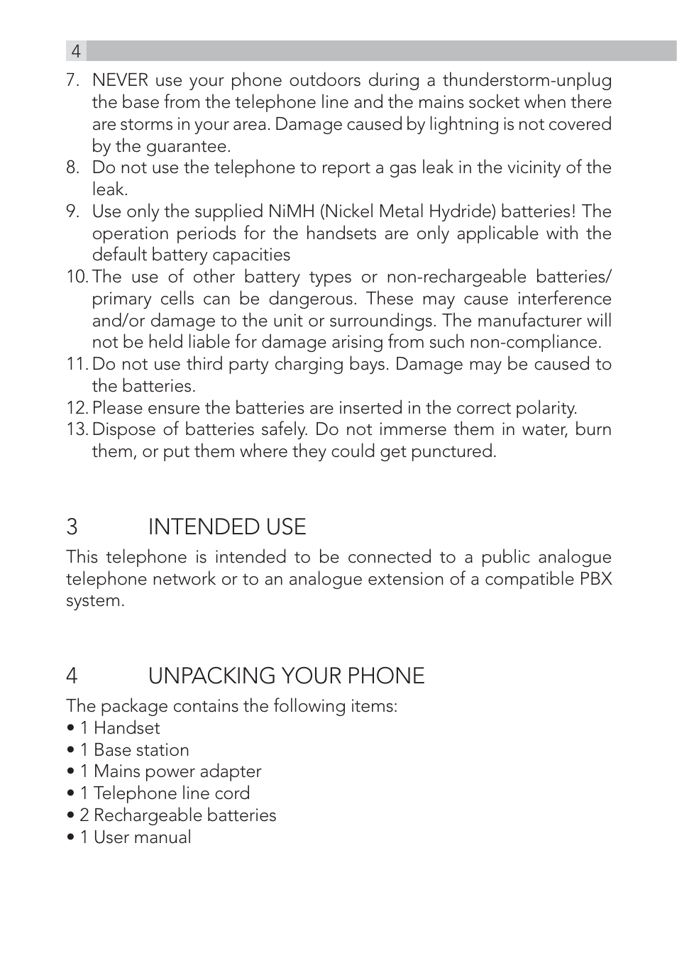 3 intended use, 4unpacking your phone | AEG Voxtel D220bt User Manual | Page 4 / 36