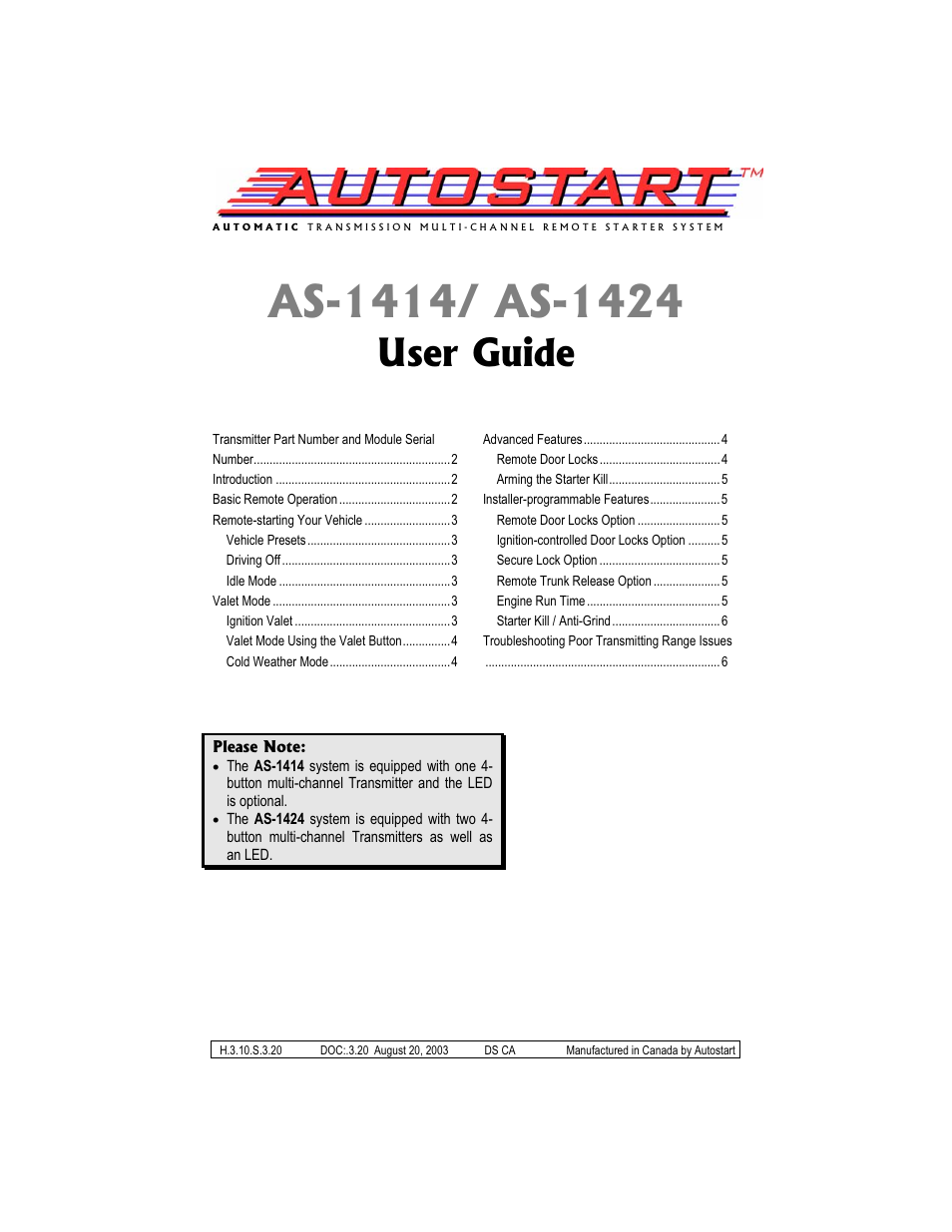 Autostart AS-1424 User Manual | 6 pages