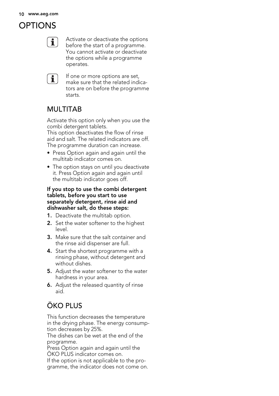 Options, Multitab, Öko plus | AEG F55200VI0 User Manual | Page 10 / 20