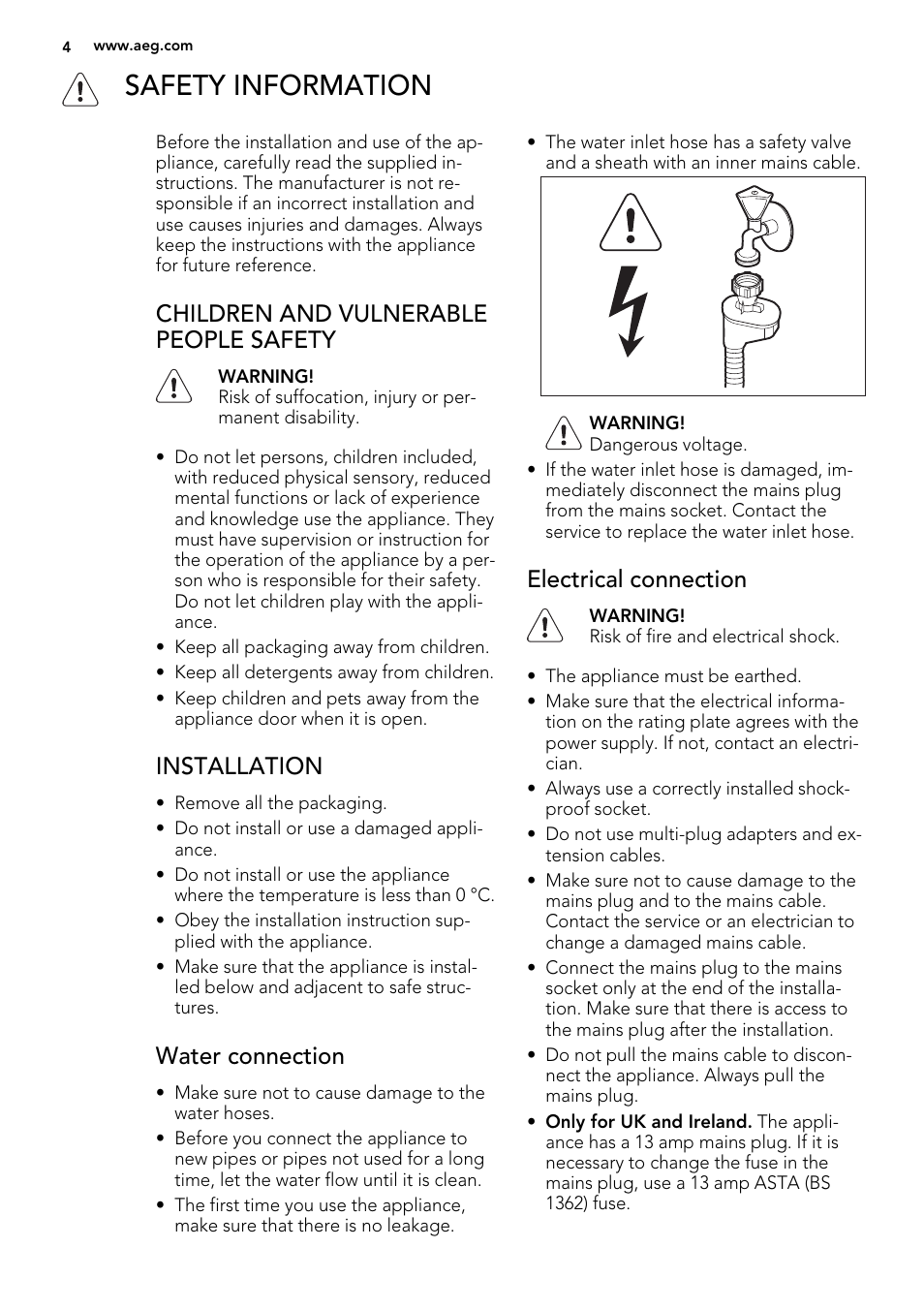 Safety information, Children and vulnerable people safety, Installation | Water connection, Electrical connection | AEG F55200VI0 User Manual | Page 4 / 20