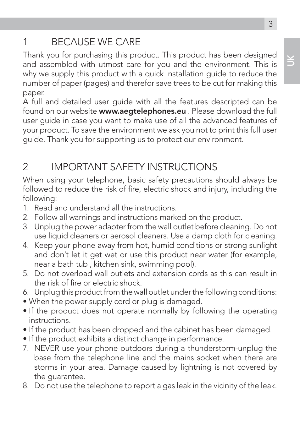 1because we care, 2important safety instructions | AEG Voxtel S100 User Manual | Page 3 / 46