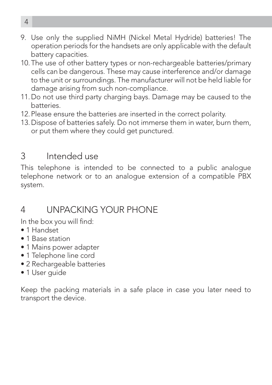 3 intended use, 4unpacking your phone | AEG Voxtel S100 User Manual | Page 4 / 46