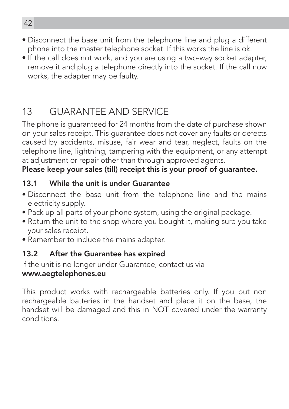 13 guarantee and service | AEG Voxtel S100 User Manual | Page 42 / 46