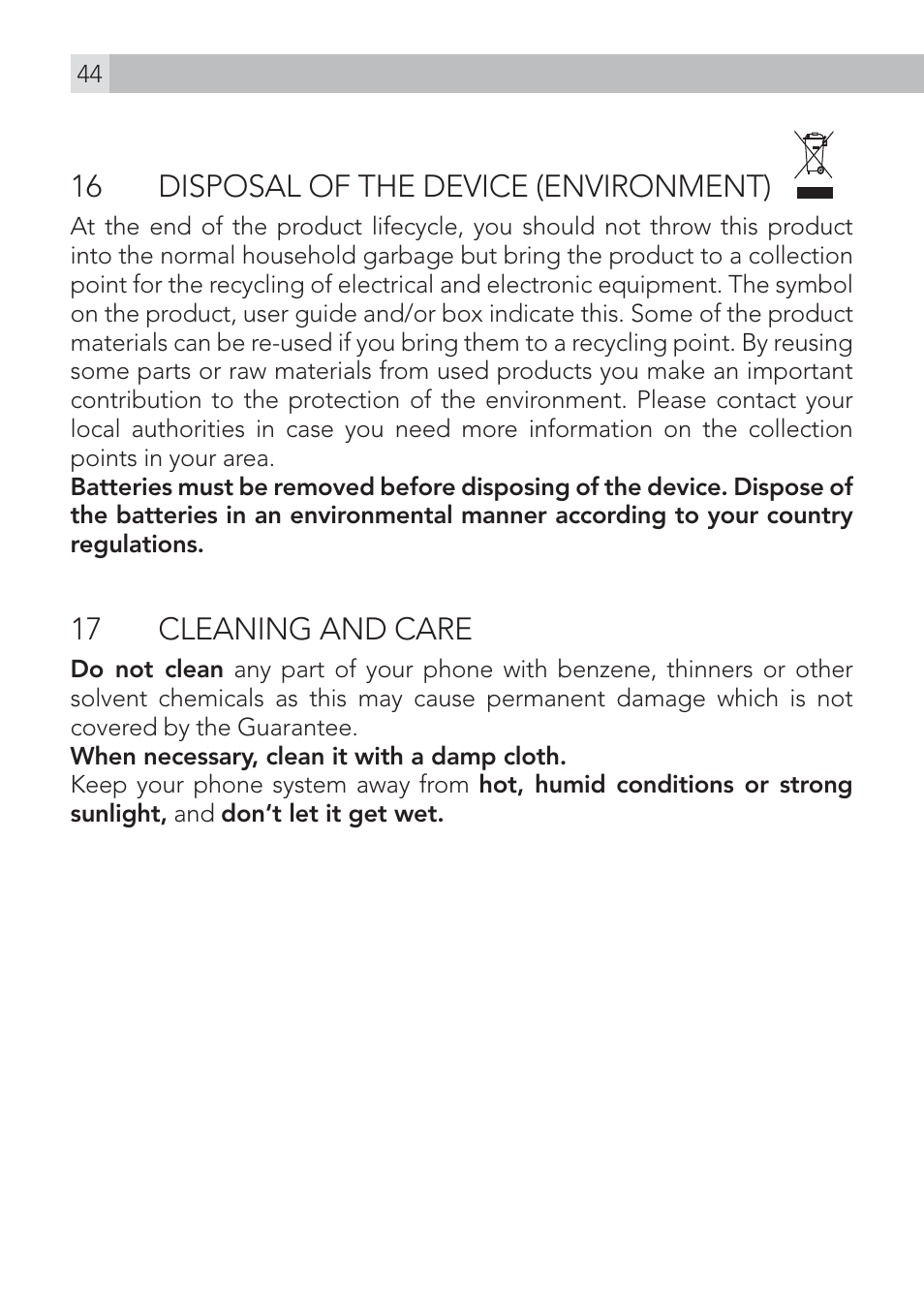 16 disposal of the device (environment), 17 cleaning and care | AEG Voxtel S100 User Manual | Page 44 / 46