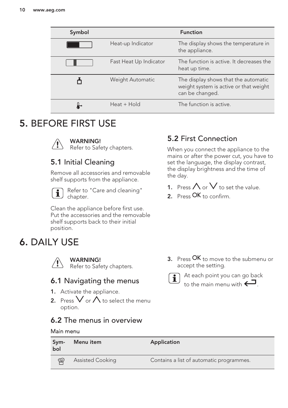 Before first use, 1 initial cleaning, 2 first connection | Daily use, 1 navigating the menus, 2 the menus in overview, Before first use 6. daily use | AEG BE3003021W User Manual | Page 10 / 44